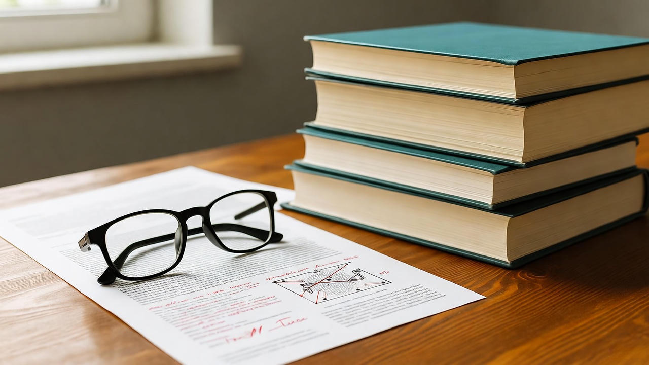 Stack of hardcover books with teal covers placed on a wooden desk beside a printed research paper marked with red annotations and a pair of black eyeglasses, near a window providing natural light, representing academic study, education, and research preparation.